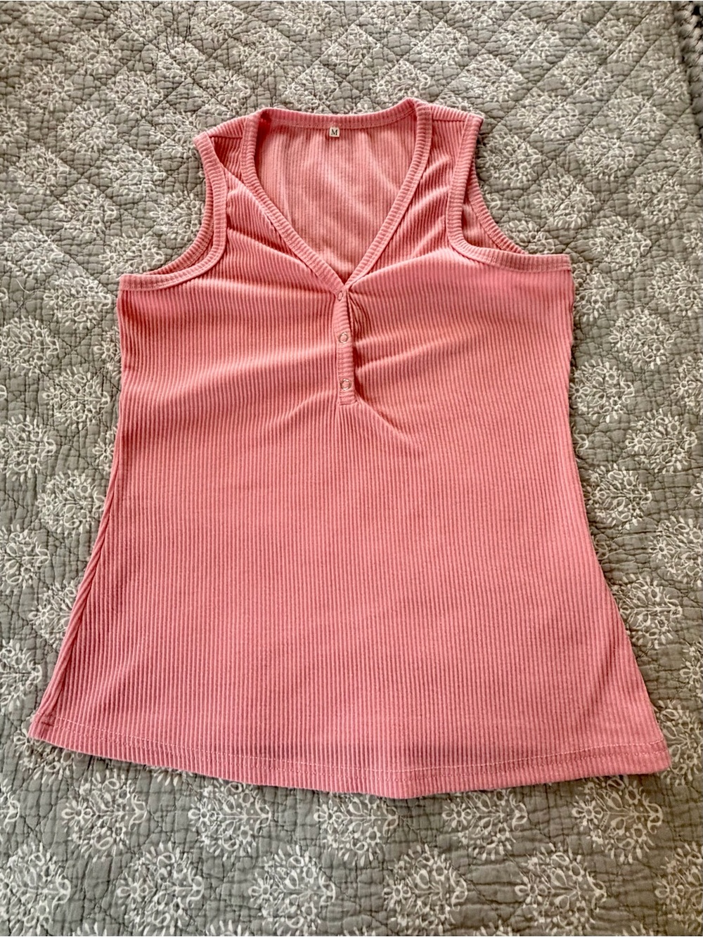Women’s Salmon Pink Ribbed V‑Neck Henley Tank Top